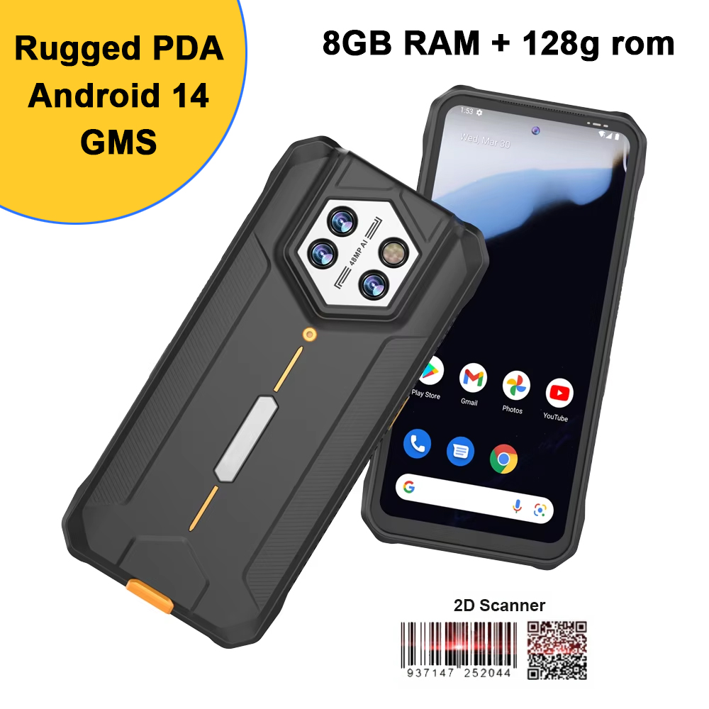 Photography Lighting Devices - 6.5インチ画面、8GB RAM、128GBストレージ、48MPカメラ、IP68、Android 14、GMS搭載、バーコードスキャナー付きの堅牢なハンディPDA端末
