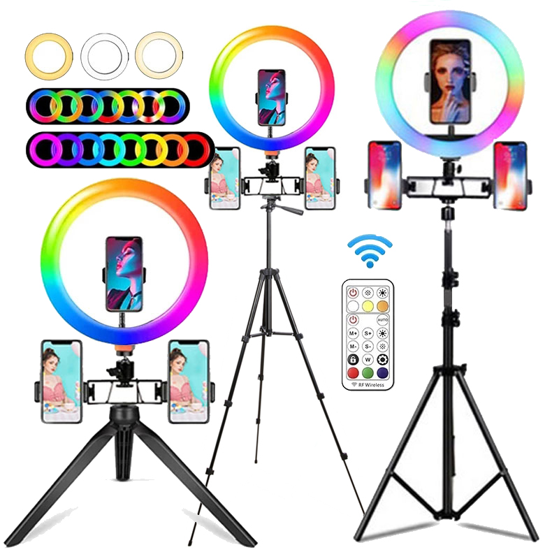 Photography Lighting Wand - 10インチRGBリングライト、リモコン付きLED撮影用リングライト、Bluetooth自撮り三脚、TikTok用3つのスマホホルダー付きスタンド